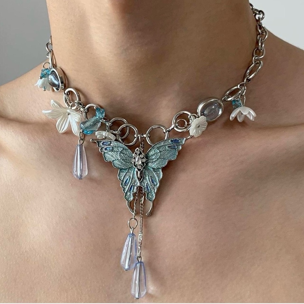 Blue Crystal Butterfly Flower Choker Necklace - Picture 2 of 5